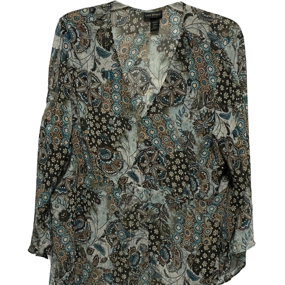 Lane Bryant shirt women 22/24 green multi color long sleeve open shoulder blouse